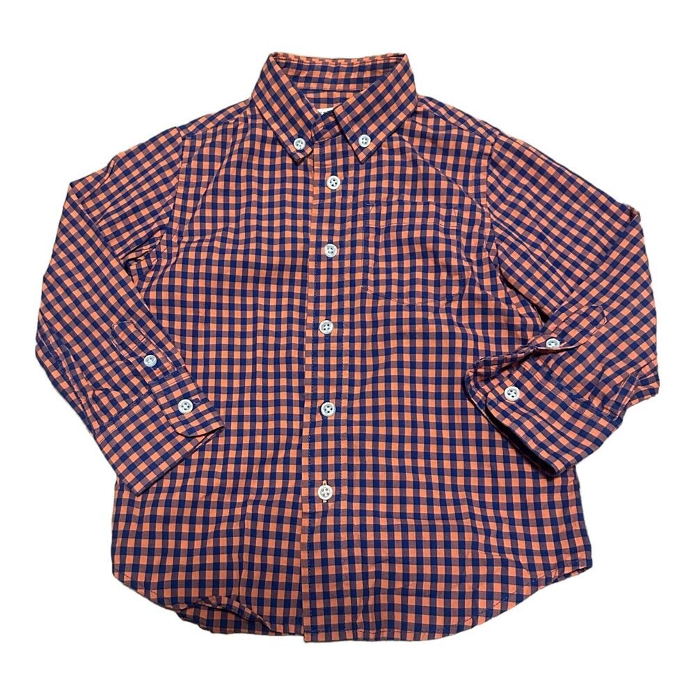 J. Crew Crewcuts Orange‎ Blue Gingham Button Down Shirt Boys Size 2 Long Sleeve
